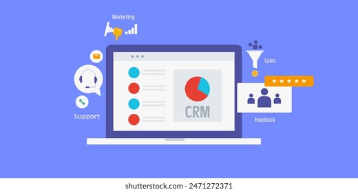 Customer relationship management software. CRM for sales, marketing and customer support. Business automation tool - vector illustration with icons स्टॉक वेक्टर