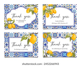 Стоковое векторное изображение: Amalfi Coast Thank You Card Printable Template, Lemon Citrus Mediterranean decor with blue tiles, Coastal Italian theme tuscan beach party. Set of wedding and bridal shower cards. Vector illustration