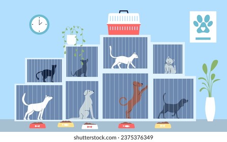 Animal shelter with dogs and cats in cages. Feeding homeless animals, adopt me concept. Social work or volunteering recent vector flat illustration เวกเตอร์สต็อก