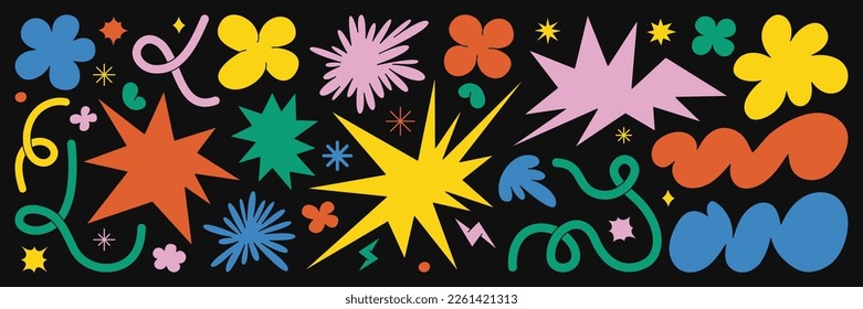 抽象的な雲と花の形のステッカーパック。Groovyファンキーな花、バブル、星、ループ、トレンディなレトロ90年代の00年代の漫画のスタイルで波。波型およびスパイラル要素を含むベクターイラスト。のベクター画像素材