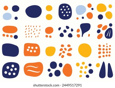 Abstract art patterns include dots, circles, flowers, leaves, petals, geometric figures, and organic forms made with rounded lines, all in navy blue, sky blue, light yellow and white colors Immagine vettoriale stock