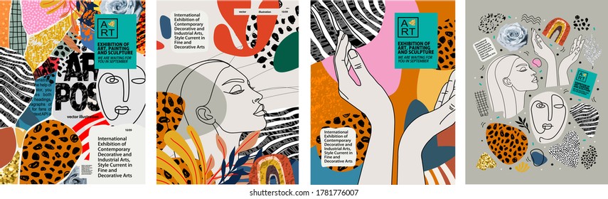 Abstrakte kunstplakater til en kunstudstilling: musik, litteratur eller maleri. Vektor illustrationer af former, portrætter af mennesker, hænder, pletter og teksturer til baggrunde

 Stock-vektor