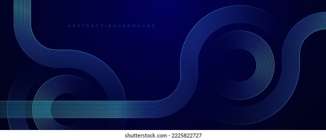 짙은 파란색 배경에 추상적으로 빛나는 원 선 기하학적 스트라이프 라인 아트 디자인 현대적인 빛나는 파란색 선 미래 기술 개념 포스터, 표지, 배너, 브로셔, 웹 사이트 스톡 벡터