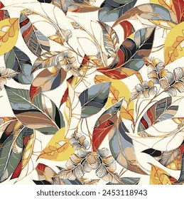 抽象的とエンボス加工された咲き誇る明るい葉モチーフのアレンジメント – テキスタイルデザインイラストデジタル画像プリンティングファクトリーのベクター画像素材