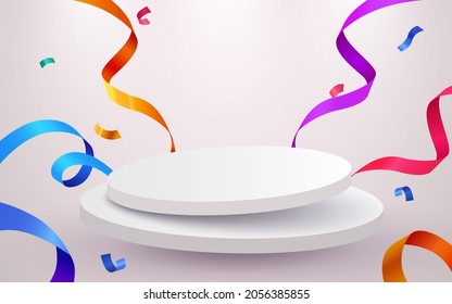 Abstract scene background. Cylinder podium background with confetti and ribbons. Product presentation, mock up, show cosmetic product, Podium, stage pedestal or platform. Vector illustration: stockvector