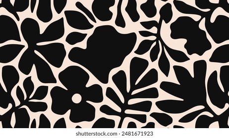 Abstract shape leaf and flower organic seamless pattern. black floral leaves geometric pattern on white background. leaves silhouette summer pattern 库存矢量图