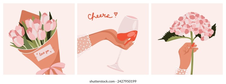 Abstract romantic greeting postcards. Flat bouquets of tulips, hand with wine glass, branch of hydrangea. Floral celebration concept. Vector fashion set Stock-vektor