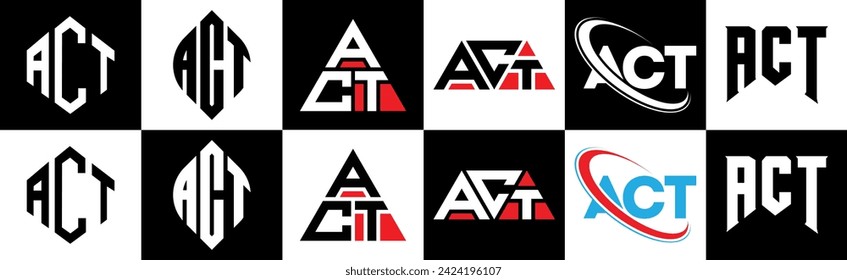 ACT letter logo design in six style. ACT polygon, circle, triangle, hexagon, flat and simple style with black and white color variation letter logo set in one artboard. ACT minimalist and classic logo – Vector có sẵn