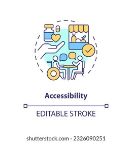 Accessibility concept icon. No barrier. Public service. Help care. Well being. Disability access. Social inclusion abstract idea thin line illustration. Isolated outline drawing. Editable stroke Immagine vettoriale stock