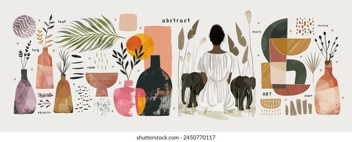 Aesthetics. Abstract modern art. Vector illustration of abstraction, stylish geometric shape, woman sitting back with elephants, vase with plants, twigs and leaves for a wall interior poster  Imagem Vetorial Stock