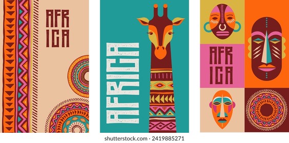 Africa patterned design. African background, banner with tribal traditional grunge pattern, elements, vector concept illustration. Masks, patterns, African symbols and colors: stockvector
