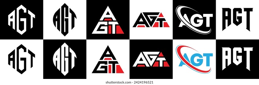AGT letter logo design in six style. AGT polygon, circle, triangle, hexagon, flat and simple style with black and white color variation letter logo set in one artboard. AGT minimalist and classic logo Immagine vettoriale stock