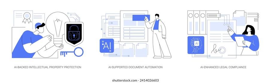 AI tools in Legal Services abstract concept vector illustration set. AI-Backed Intellectual Property Protection, AI-Supported Document Automation, AI-Enhanced Legal Compliance abstract metaphor. 库存矢量图
