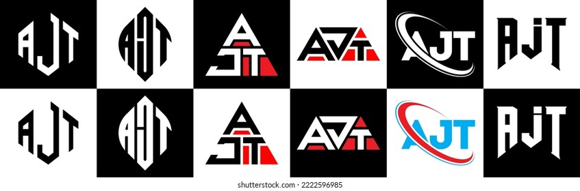 AJT letter logo design in six style. AJT polygon, circle, triangle, hexagon, flat and simple style with black and white color variation letter logo set in one artboard. AJT minimalist and classic logo Immagine vettoriale stock