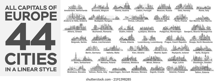 
All capitals of Europe. 44 cities in a linear style with famous views and landmarks. Editable stroke. Skyline city line illustrations. Immagine vettoriale stock