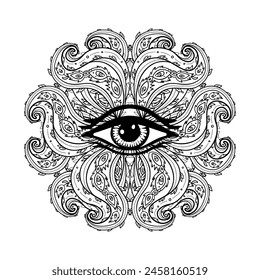 All seeing eye in ornate round mandala pattern. Mystic, alchemy, occult concept. Design for music cover, t-shirt , boho poster, flyer. Astrology, shamanism, religion. Coloring book pages for adults. Stock-vektor