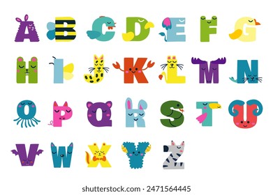 Alphabet illustration in flat cartoon design. This colorful image features the letters in the form of different animals, so they're great for learning the alphabet. Vector illustration. Immagine vettoriale stock
