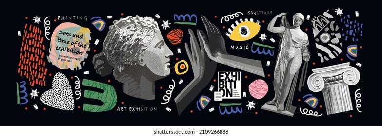 Art objects for the exhibition of classical and contemporary painting, sculpture and music. Hand illustrations, plaster bust, statues and abstract shapes, spots and lines. Drawings for poster. Stock Vector