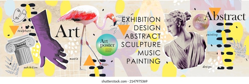 Стоковое векторное изображение: Art objects for an exhibition of painting, culture, sculpture, music and design. Vector abstract modern illustrations for creative festivals and events	
