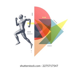 Art composition. Running man or marathon runner. 3D human body model. Design for sport. Transparency geometrical background. Cover design template for presentation, poster, cover or brochure. Immagine vettoriale stock
