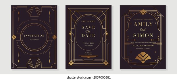 Art deco wedding invitation card vector. Luxury classic antique cards design for VIP invite, Gatsby invitation gold, Fancy party event, Save the date card and Thank you card. Vector illustration. Stock Vector