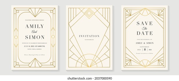 Стоковое векторное изображение: Art deco wedding invitation card vector. Luxury classic antique cards design for VIP invite, Gatsby invitation gold, Fancy party event, Save the date card and Thank you card. Vector illustration.