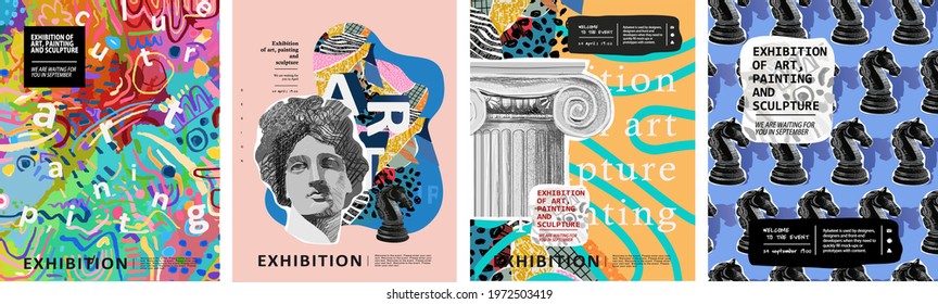 Art posters for the exhibition of painting, sculpture and music. Vector illustration of abstract background, roman column, greek sculpture, chess horse pattern for magazine or cover स्टॉक वेक्टर