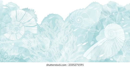 Art sea background. Vector. Pre-made design with underwater plants, corals, seashells, watercolor splash and place for text. Template design for text, packaging and prints. Imagem Vetorial Stock