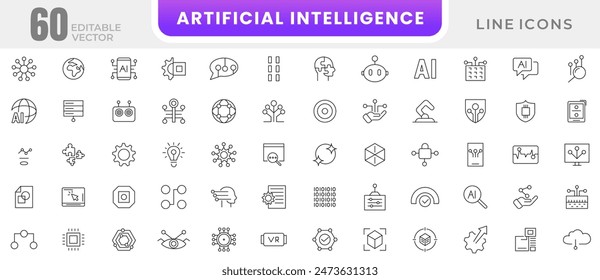 Artificial intelligence line icon collection. AI technology, Machine learning, smart robotic, cloud computing network, digital AI technology, algorithm, outline icon set. Thin icons pack. 库存矢量图
