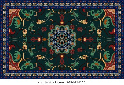 Asian flower carpet, green and blue carpet Abstract Flower Prayer Mat Arkistovektorikuva