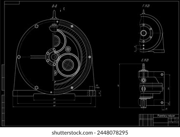 Assembly drawing of reducer.
Vector cad scheme of steel mechanical device with shaft, gear, 
electric engine, bearing, bolted connection and dimension lines.
Engineering background. Technical template 库存矢量图