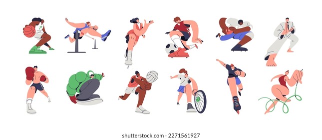 Athletes and sports set. Professional football, basketball, tennis, soccer, rugby players, boxing, gymnastics, karate, track and field sportsmen. Flat vector illustrations isolated on white background Imagem Vetorial Stock