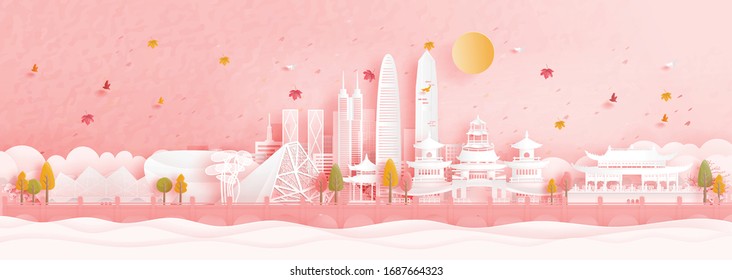 Autumn in Shenzhen, China with falling maple leaves and world famous landmarks in paper cut style vector illustration Stock Vector