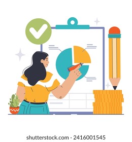 Audit Report concept. Confident woman annotates a vibrant pie chart, showcasing detailed analysis. Approved sign and oversized pencil imply precision. Flat vector illustration, vector de stoc