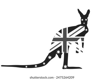 Australian flag over kangaroo vector silhouette illustration isolated on white background. Kangaroo flag Australia graphic. Patriotic sign over national animal. National symbol and tourist invite. - Vector στοκ