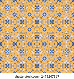 Стоковое векторное изображение: Azulejo mosaic tile pattern. blue, white, yellow colored geometric motifs. Mediterranean, Portuguese, Spanish, Moroccan traditional vintage style vector background