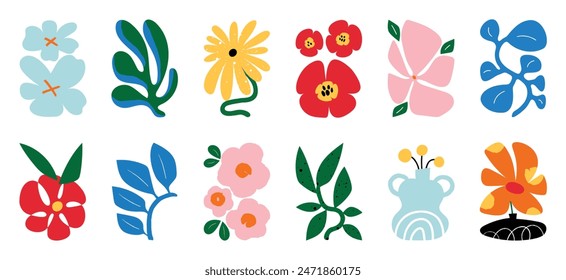 Botanical doodle background art vector set. Flower and leaves abstract shape doodle art design for print, wallpaper, clipart, wall art for home decoration. Stockvektorkép