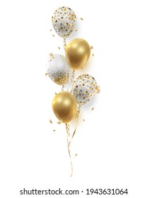Bouquet, bunch of realistic golden ballons, transparent with confetti, serpentine, paper circles and ribbons. Vector illustration isolated on white background. स्टॉक वेक्टर