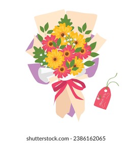 Bouquet of flower. Wild flower bouquet vector illustration. Summer flower. Floral bouquet wrapped in gift paper. Gift for special day, celebration day like birthday, teacher day, women day.
: wektor stockowy