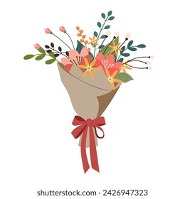 A bouquet of flowers is wrapped in paper with a bow. Flower composition. Vector illustration in flat style in pastel colors: wektor stockowy