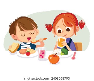 Boy and girl eating healthy homemade food. Kids have porch for breakfast. The girl drinks soda and eats cereal for lunch. Family meal. Stock-vektor