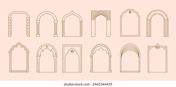 Boho arch door frames vector set. Ornate archways and doorways inspired by islamic architectural styles, arched entrances with columns, decorative brickwork patterns, arab mosques traditional motifs Arkistovektorikuva