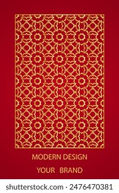 Book cover design, vertical template, red background with geometric elegant golden pattern, stained glass in frame. Place for text. Ethnic ornaments, arabesques of the East, Asia, India, Mexico, Aztec: stockvector