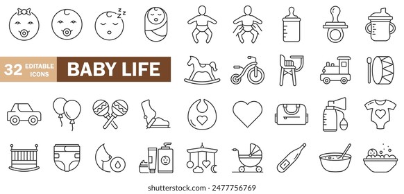 baby life line icons, childhood , child child care, international children day, kid rights, parenthood. Outline icon collection. Editable stroke. Vector illustration on white background editable  Immagine vettoriale stock