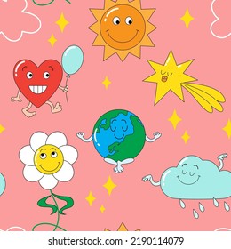 背景に変な文字。ハート、地球、雲、星、ファッショナブルなレトロな漫画のフラットスタイルでデイジーの花と明るいシームレスなベクター画像パターン。のベクター画像素材