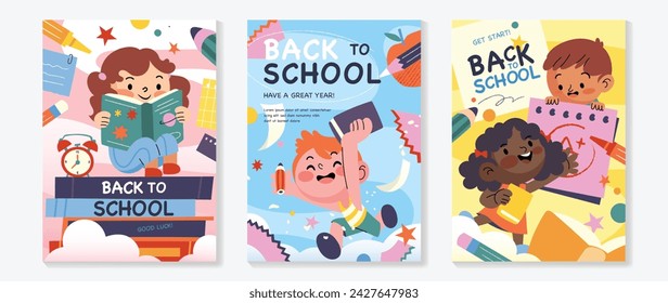 Back to school cover vector set. Background design with children and education accessories element. Kids hand drawn flat design for poster , wallpaper, website and cover template. Stock Vector