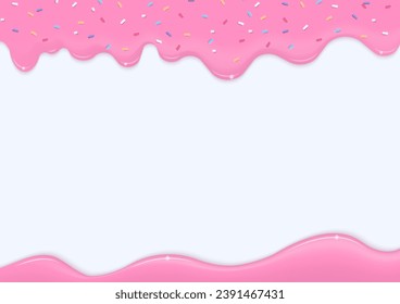 Bakery background. Pink liquid with multicolor sugar sprinkles dripping on a white background.  Vector illustration. Stock-vektor