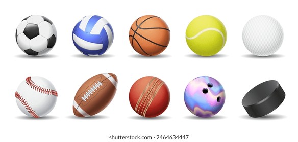 Balls for various sports games realistic vector illustration set. Exercising inventory for sportsmen 3d objects on white background Stockvektor