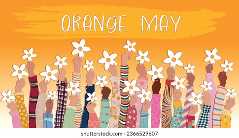 Banner Maio Laranja- Orange May in Brazil-campaign fighting against violence abuse and exploitation of children and adolescents.Many raised hands of children with flowers in their hands स्टॉक वेक्टर