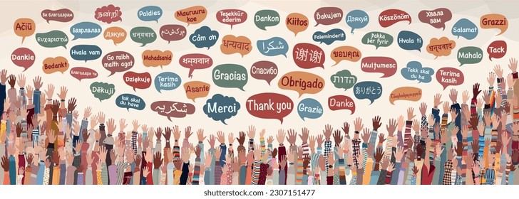Banner with many raised hands of multicultural people from different nations and continents with speech bubbles with text -thank you- in various international languages.Communication.Equal स्टॉक वेक्टर